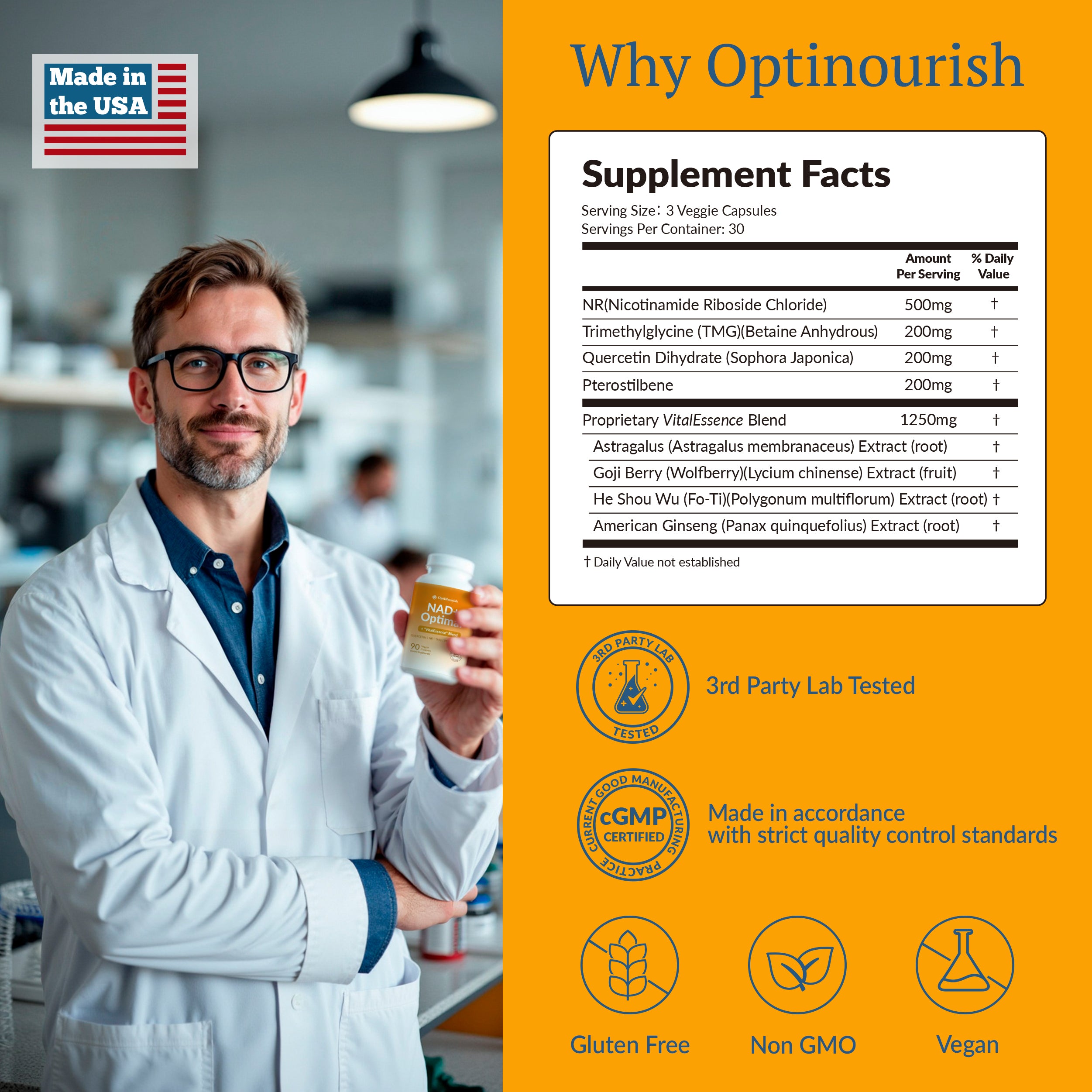 Man in a lab coat holding a supplement container with Optinourish branding, supplement facts, and certification logos on an orange background.