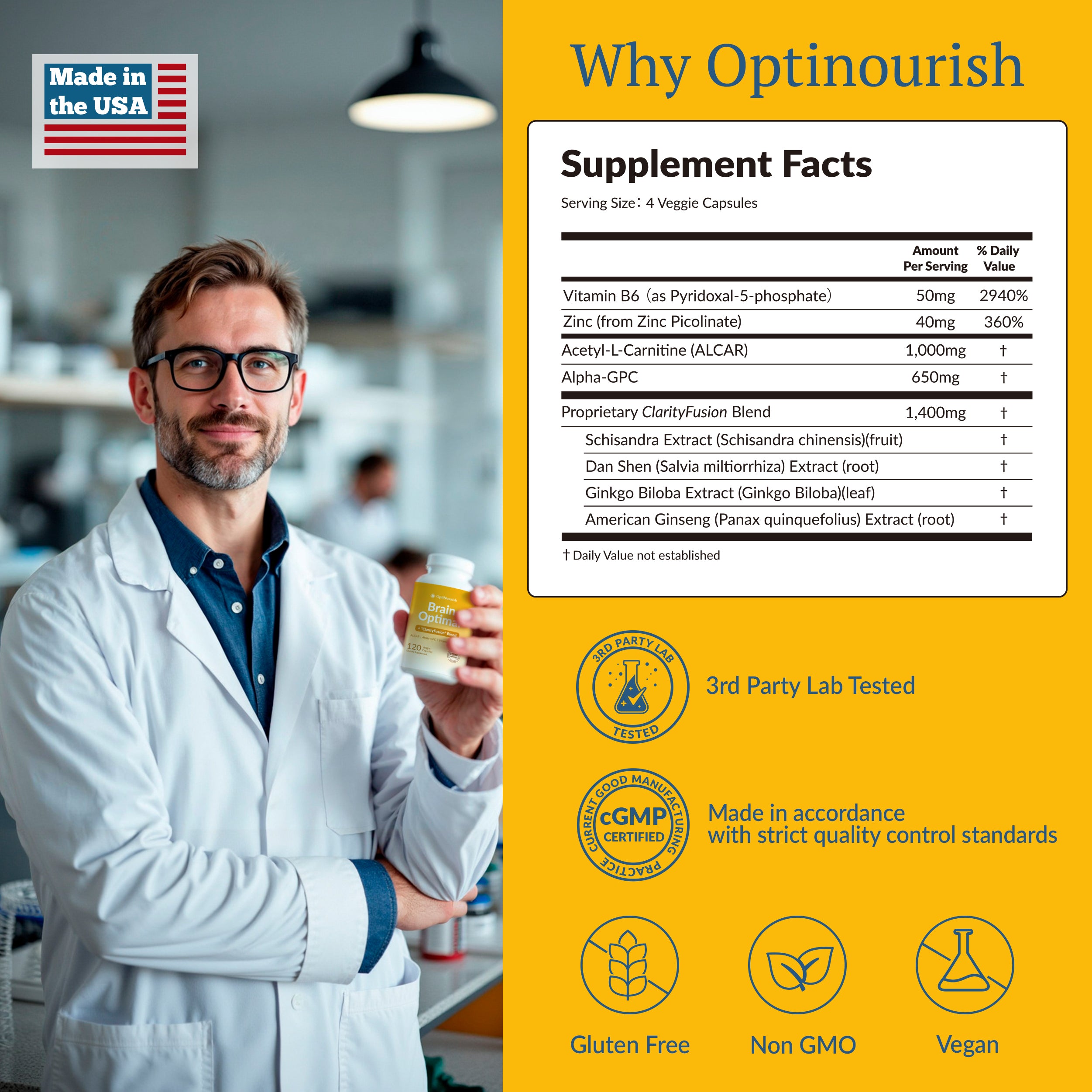 Man in a lab coat holding a supplement container with Optinourish branding and supplement facts on a yellow background.