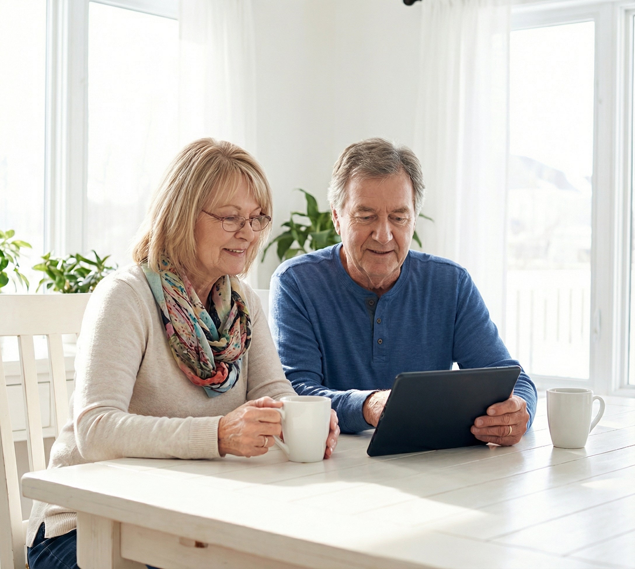 Senior couple using a tablet together at a table with a bright, homey background.
