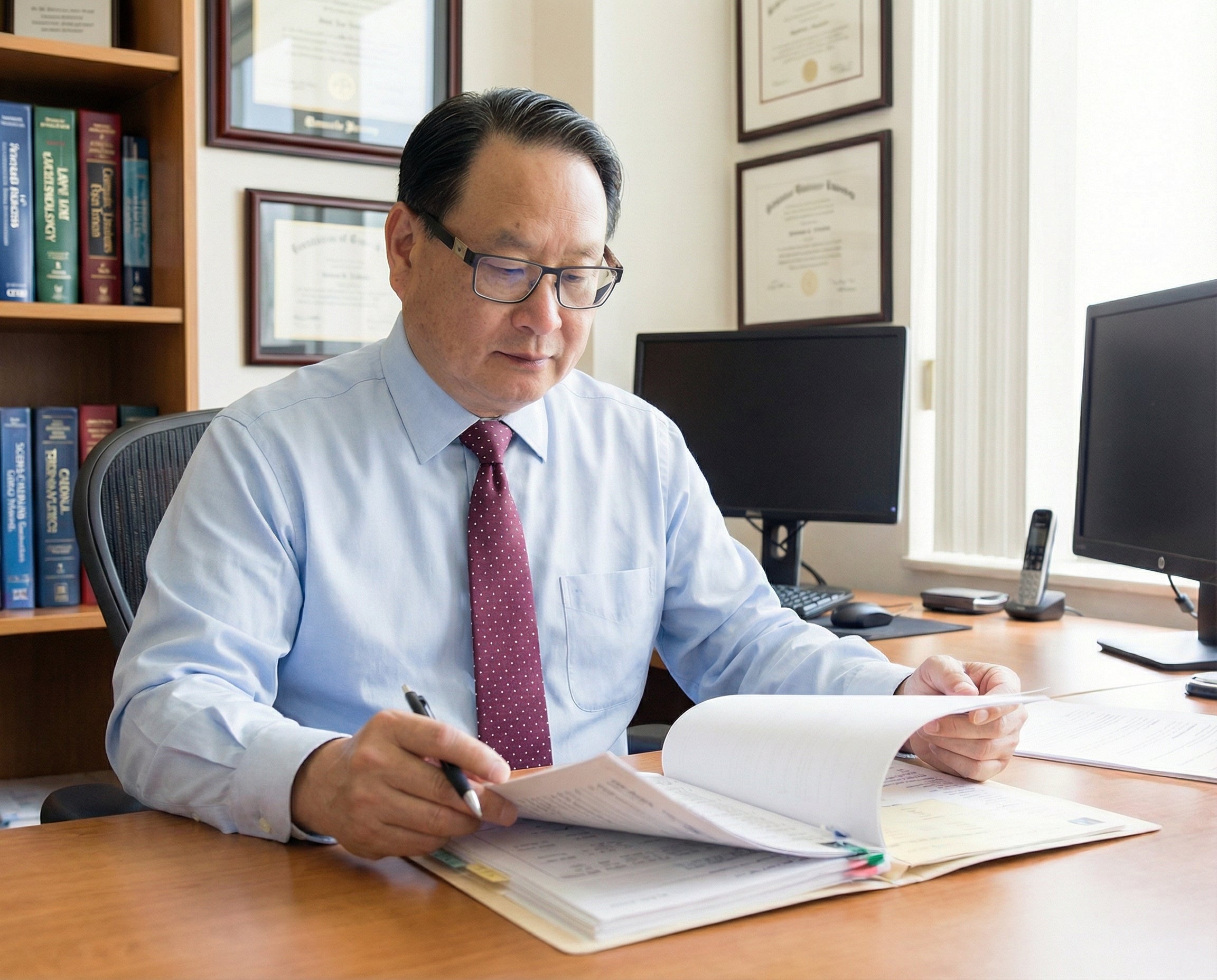 Man sitting at a desk in an office, reviewing documents.

