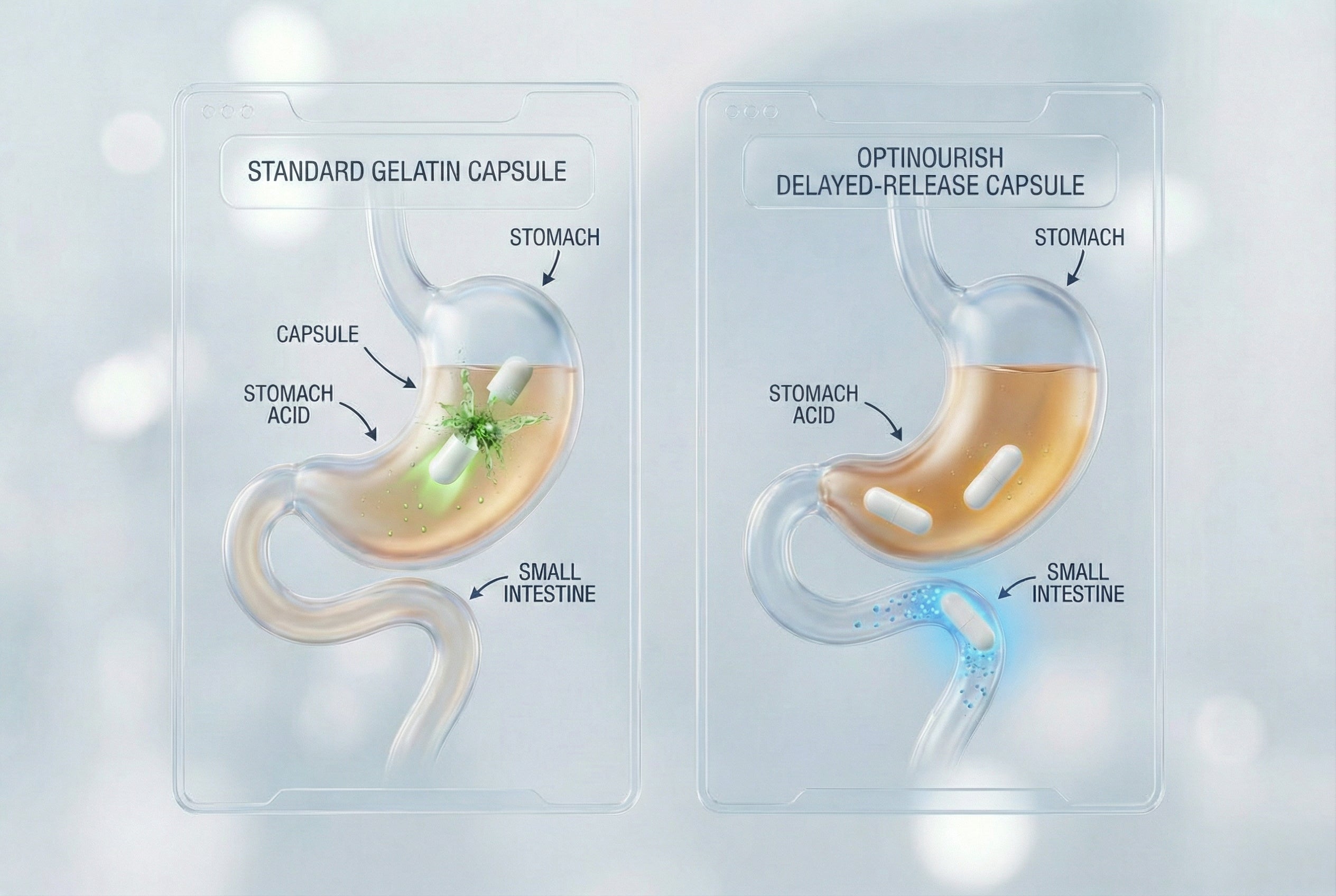 Diagram comparing standard gelatin capsule and Optinurnish delayed-release capsule in the stomach and small intestine.
