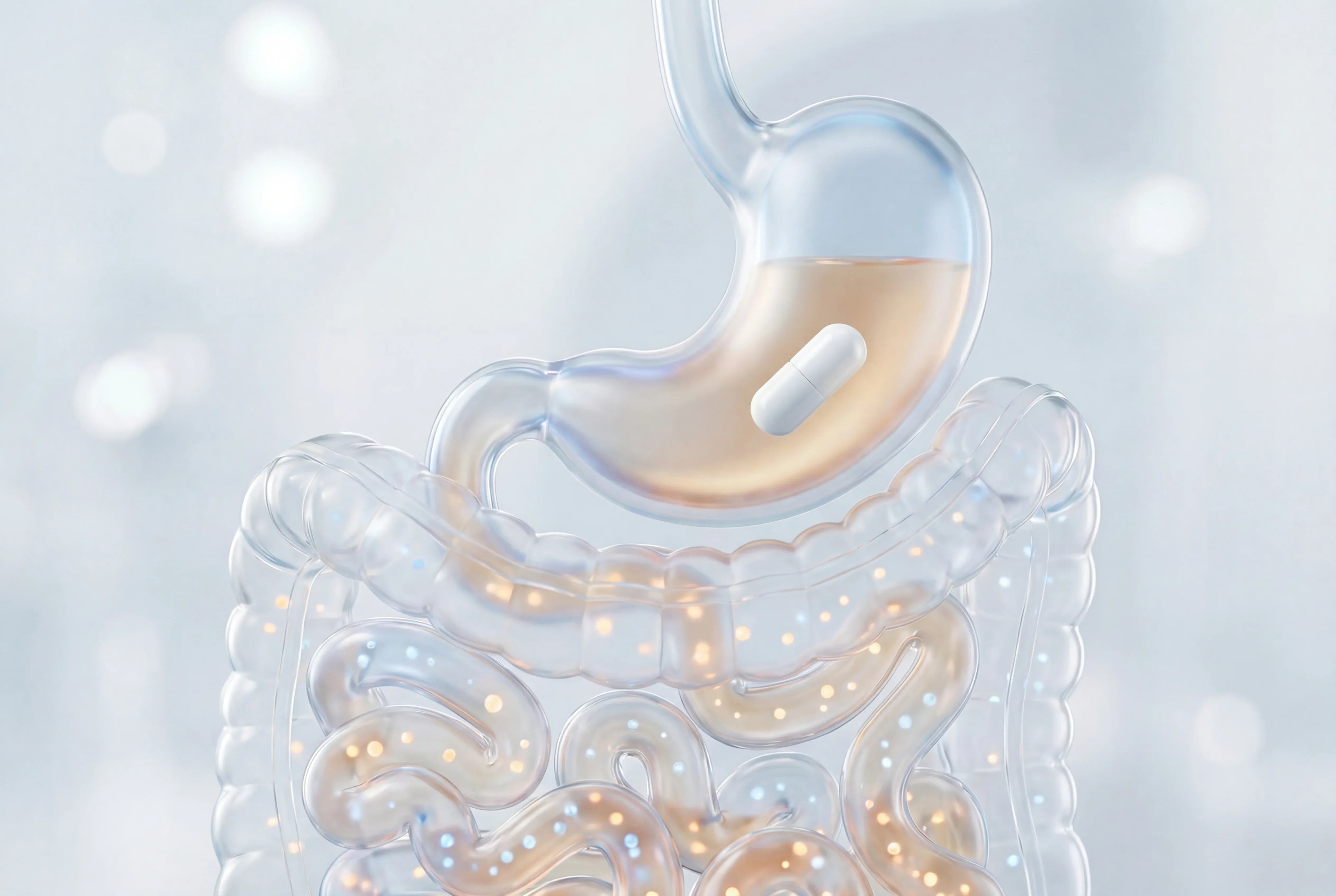 Illustration of a digestive system with a focus on the stomach and intestines on a light background.
