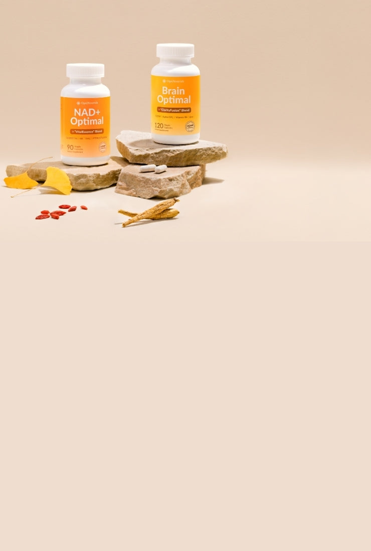 Two bottles of Brain Optimal and NAD+ Optimal on a beige background