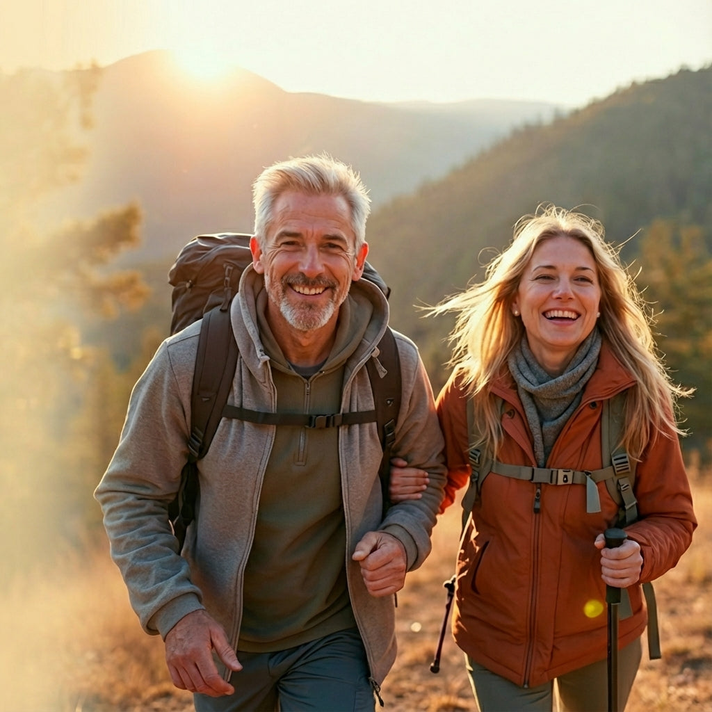 Two people hiking in a mountainous area with backpacks and walking sticks.