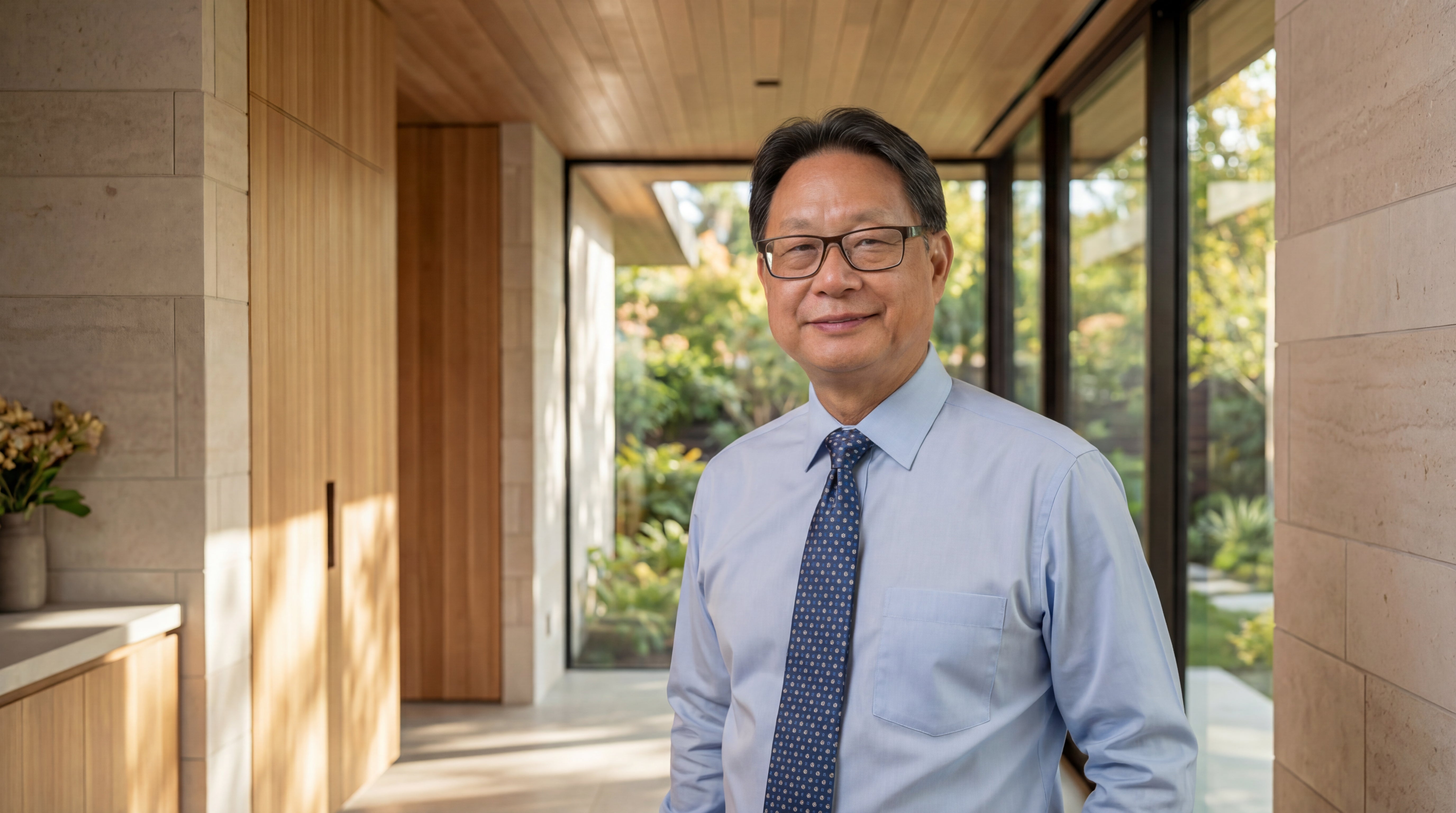Man in a light blue shirt and tie standing in a modern indoor setting with large windows.
